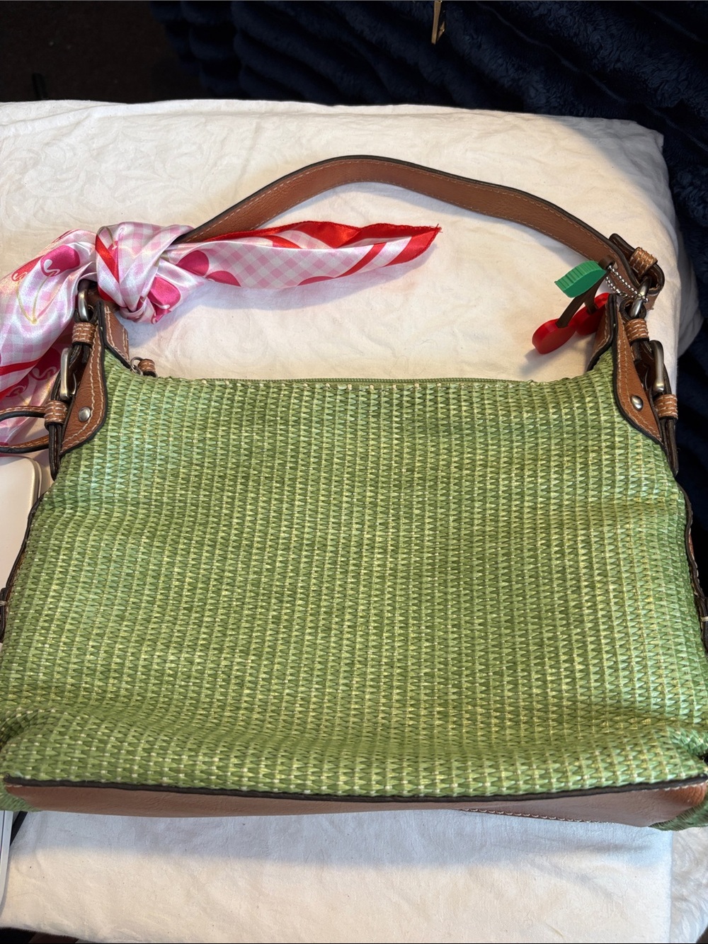 Fossil Green Woven Shoulder Bag with Brown Leather Trim and Scarf Accent